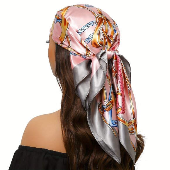 Red Chain-Print Boho Square Scarf – 35.4” Polyester Decorative Wrap - Picture 5 of 6